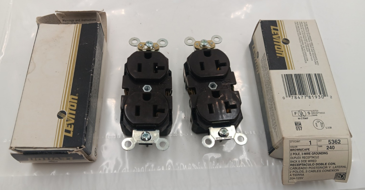 Lot of 2 NOS Leviton Duplex Receptacle Back & Side Wired 5362 Cafe Brown