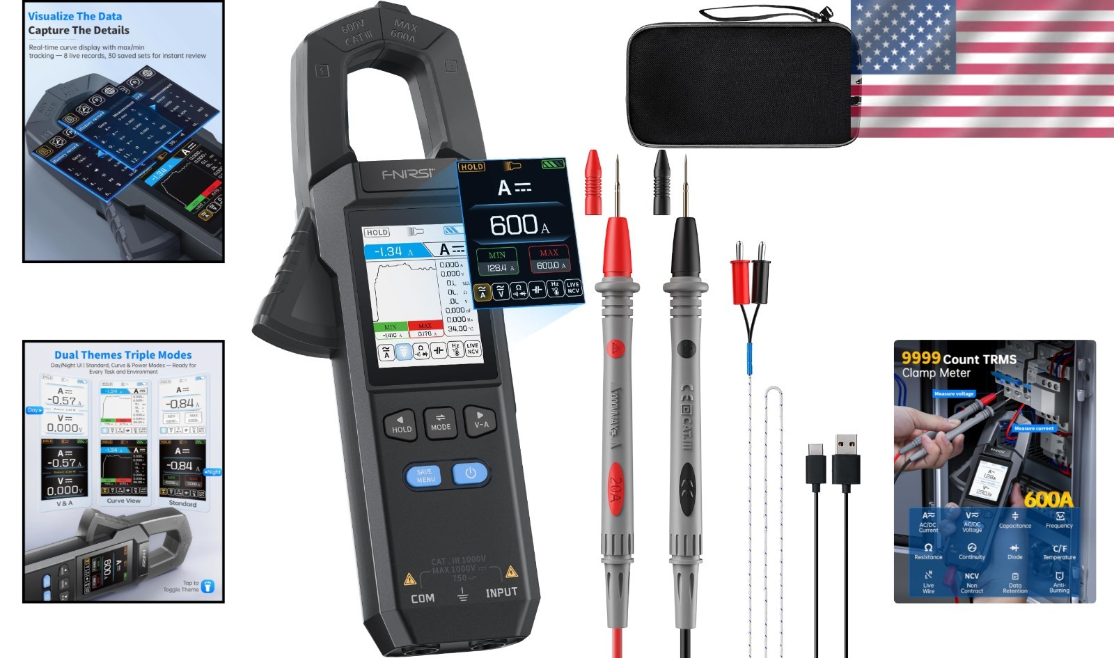 Digital Clamp Meter Multimeter TRMS AC/DC Voltage Current NCV 600A