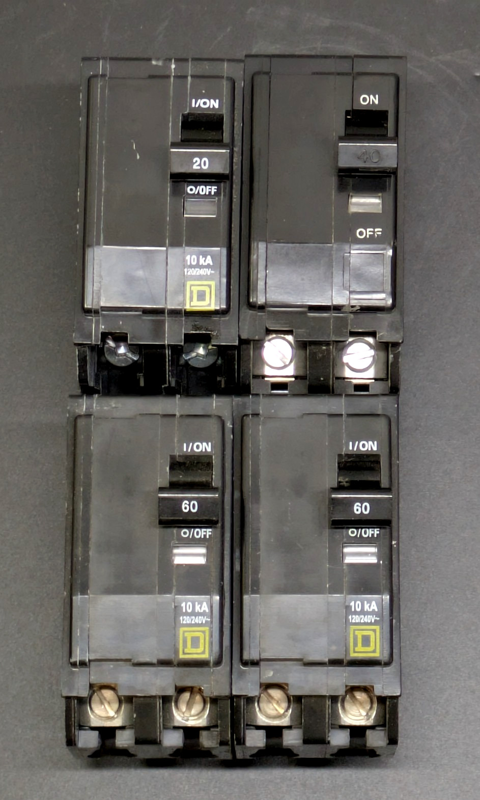 Mixed Lot of 4 SQUARE D QO220 QO240 QO260 Circuit Breakers – DPST 20A 40A 60A