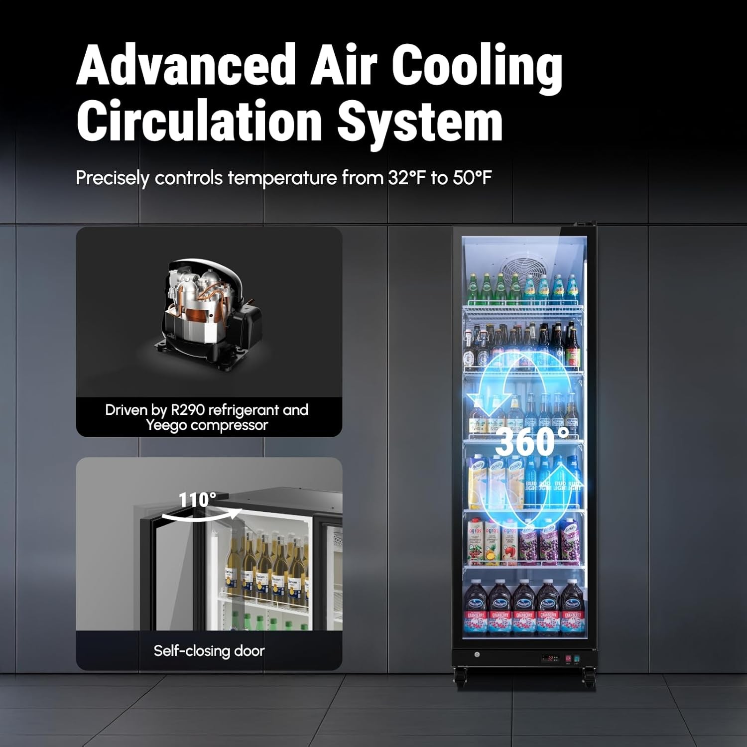Yeego Commercial Refrigerator Single Glass Door Beverage Merchandiser 17.48Cu.ft
