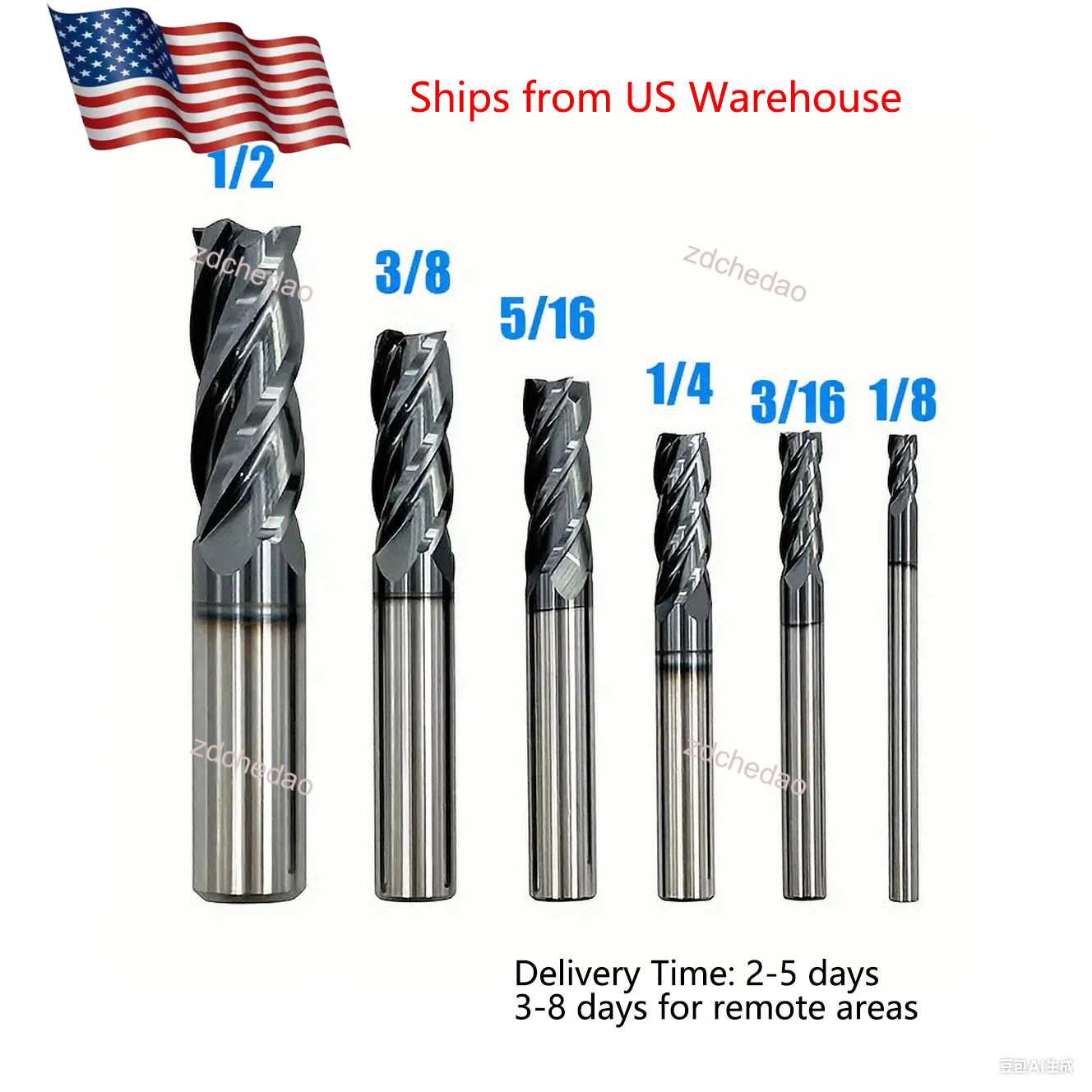 6PCS Carbide 4 Flute End Mill Set 6 Sizes 1/8-1/2″ Square AlTiCrN Coated