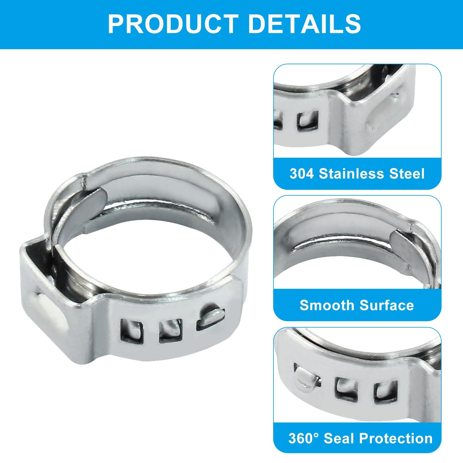 Litoexpe 50 Pcs Single Ear Hose Clamp 12.8-15.3mm 12.8mm-15.3mm, Silver