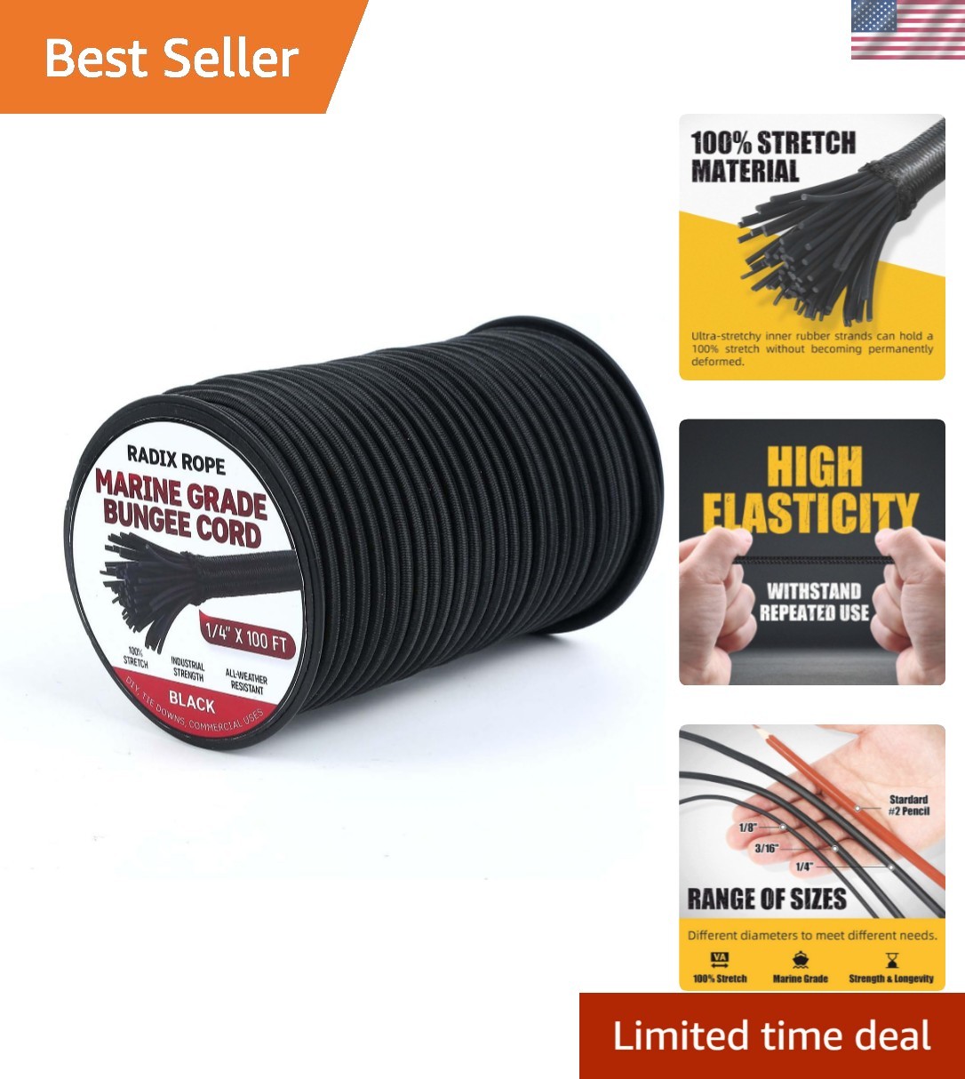 Marine Grade Bungee Cords Heavy Duty Outdoor – Bungee Cord Roll – 100% Stretc…