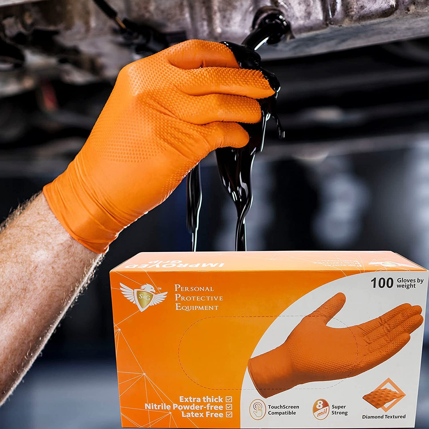 S&G Heavy Duty Orange Nitrile Disposal Gloves Powder Latex Free 8 Mil ML XL XXL