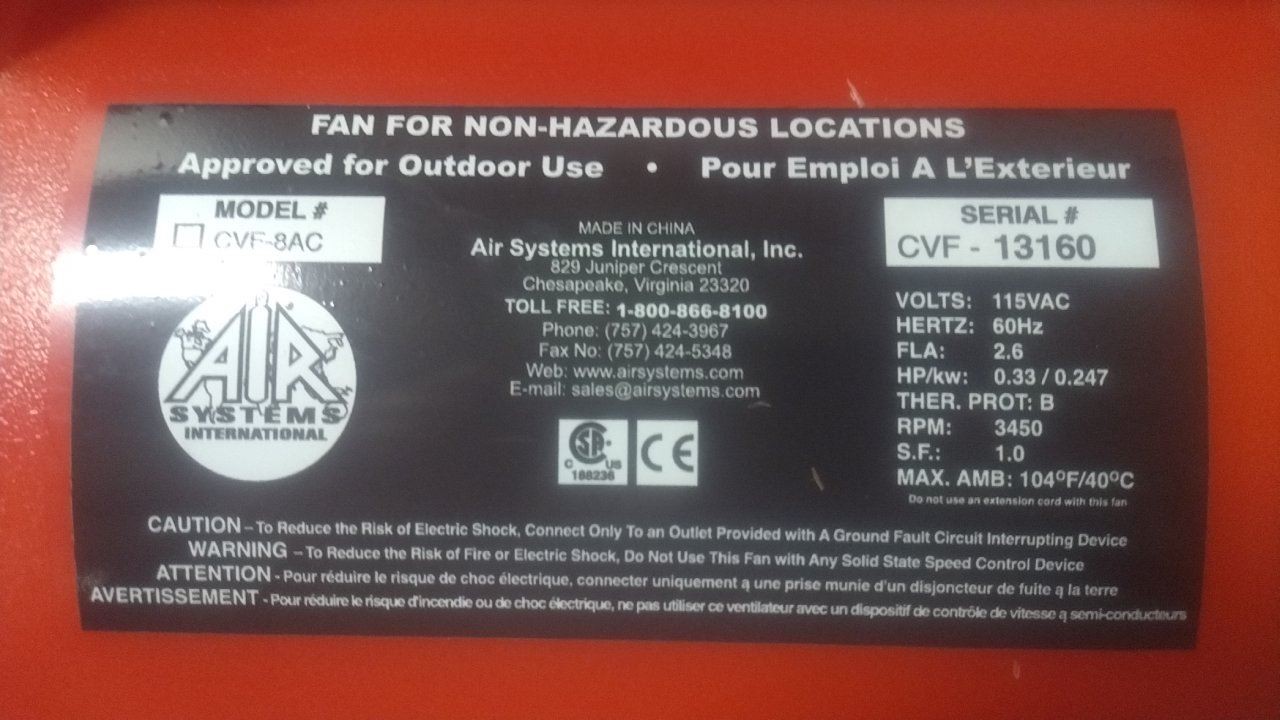 Air Systems International CVF-8AC 1/3 HP 115VAC 8 In Duct Dia Confined Space Fan