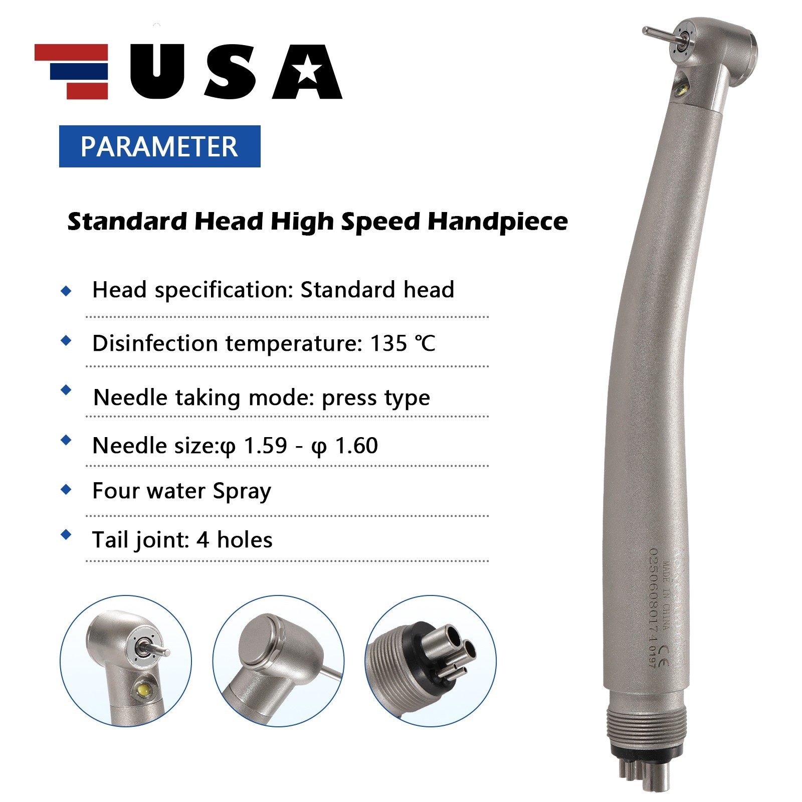 Dental 1:1 Fiber Optic Handpiece Internal Spray Contra Angle fit E-Type Motor DS