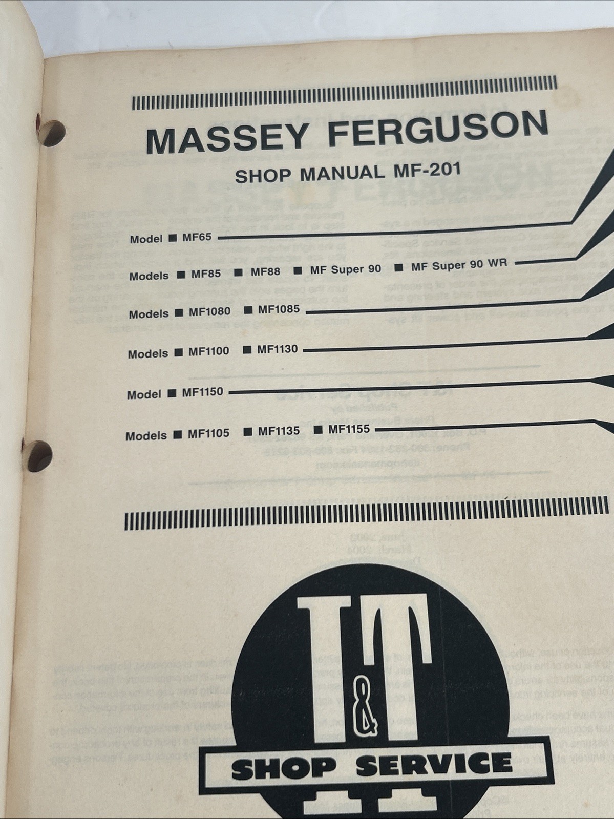 MASSEY- FERGUSON MF 201 Shop Manual Book MF 65, 85, 88 1080, 1085, 1100, 1130 +