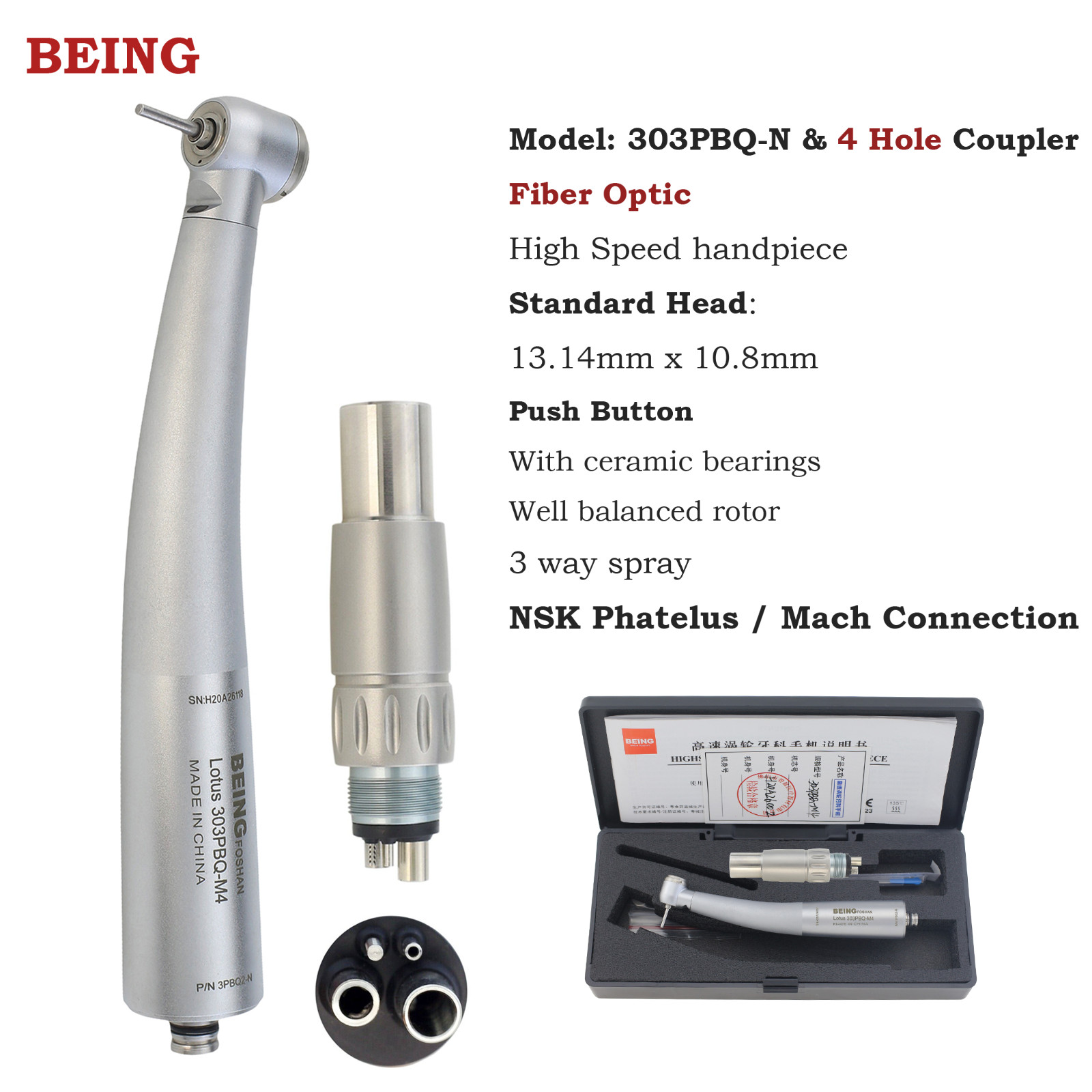 BEING Dental High Speed Turbine Handpiece Fiber Optic LED Coupling 4hole fit NSK
