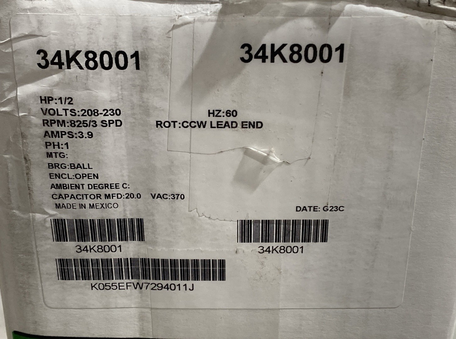 34K8001 Lennox US 1/2 HP BLower Motor, 208-230V, RPM: 825/3 SPD, HZ60 PH1 New