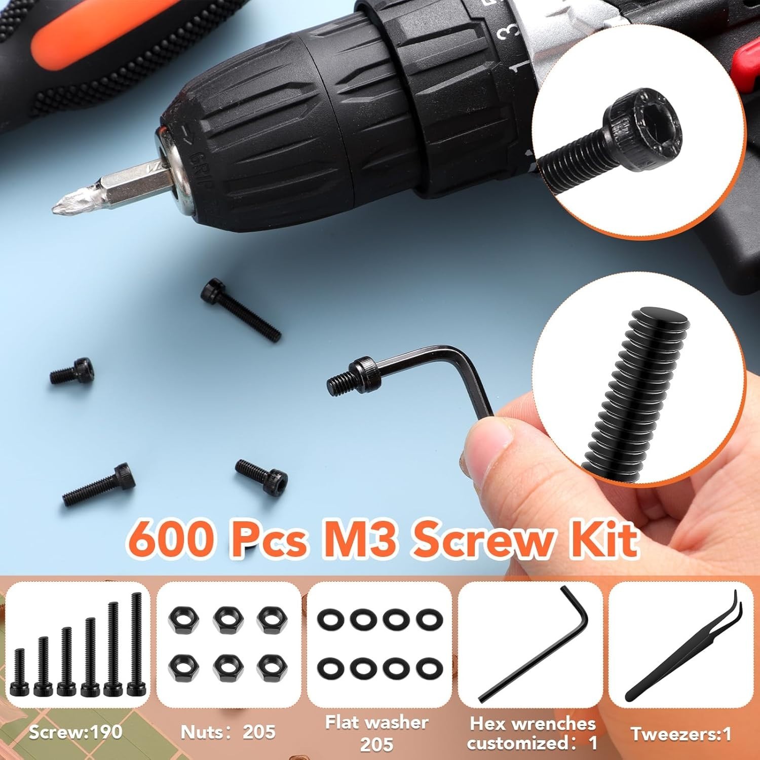 M3 Screws Assortment – 600 Pcs Black Zinc Plated Hex Head Set for All Repairs