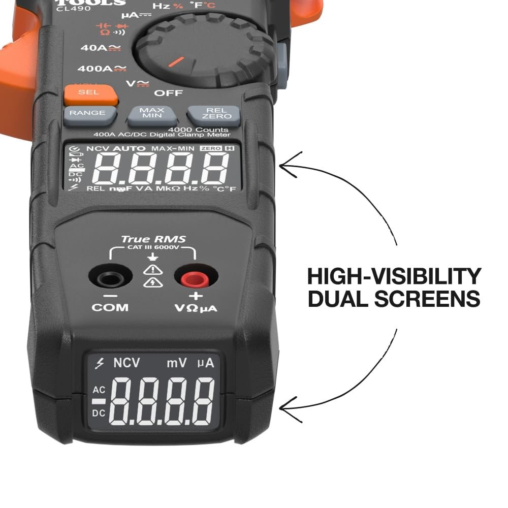 Klein Tools CL490 AC/DC Digital Clamp Meter TRMS Dual Display Auto-Ranging
