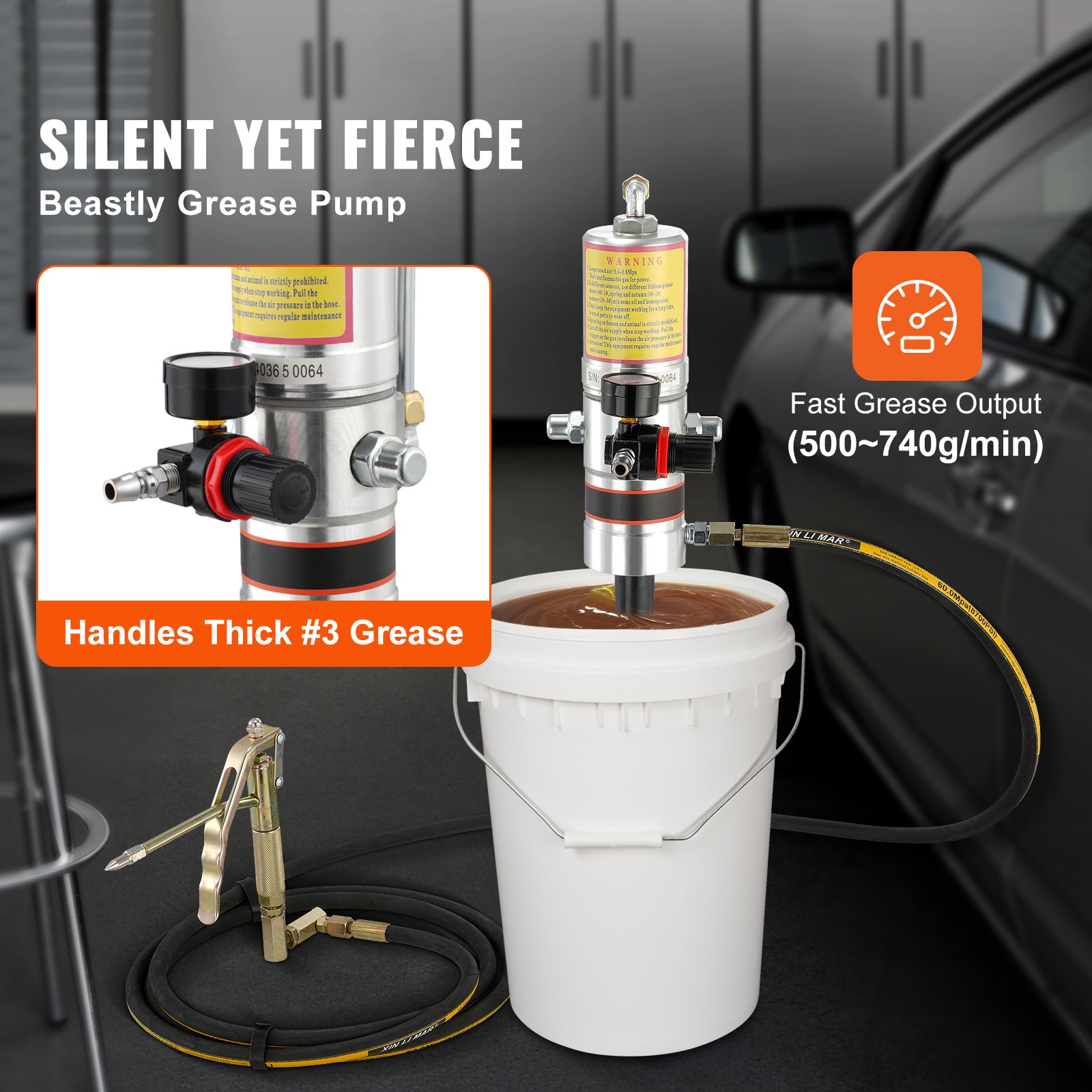 VEVOR Grease Pump Air Operated Grease Pump 0.6-0.8Mpa 13 ft Hose & Grease Gun