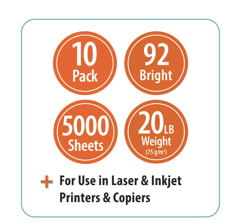 Case Copy Printer Printing Paper 8 1/2 x 11 Letter Size 10 Reams 5000 Sheets