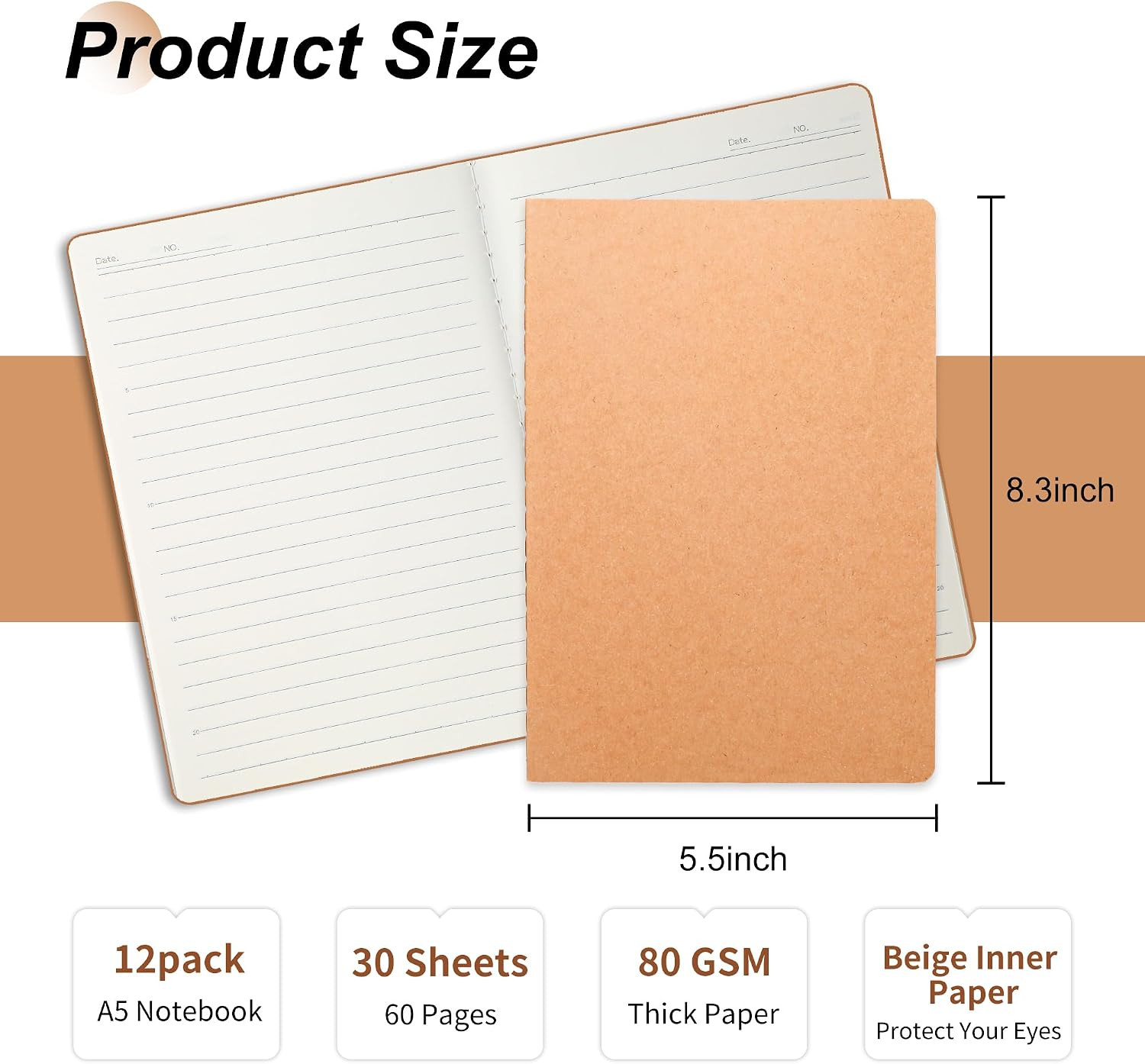12 Pack A5 Kraft Paper Notebook Lined Journal Bulk, 8.3 X 5.5 Inch, 60 Pages/30