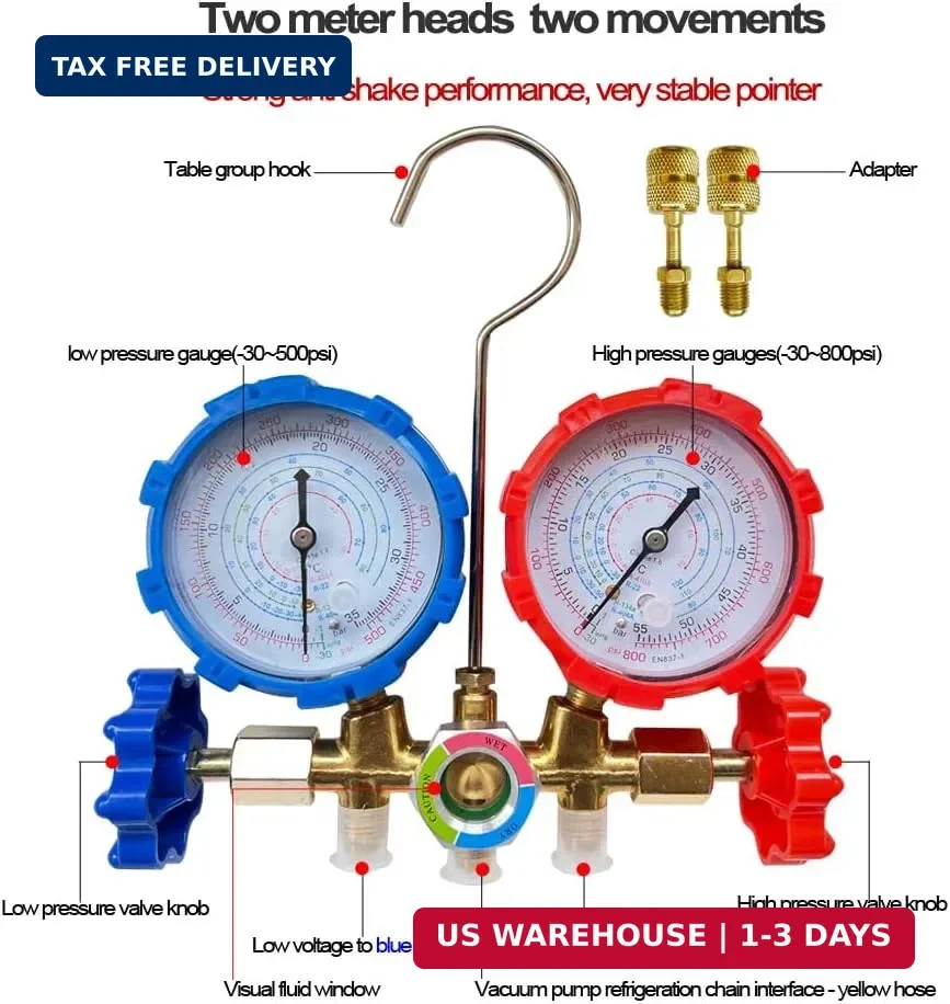 5FT AC Diagnostic Manifold Freon Gauge Set for R410A R404A R22 R134a R12 R22 R50