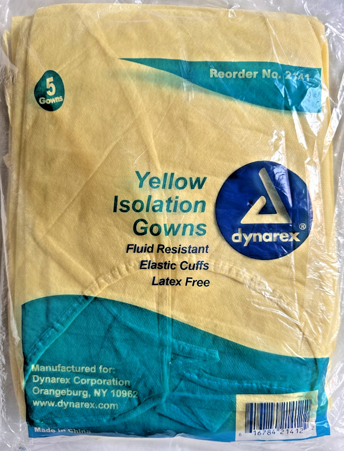 Disposable Isolation Gown 4-Pack Yellow Dynarex 2141 Elastic Cuff Latex Free NOS