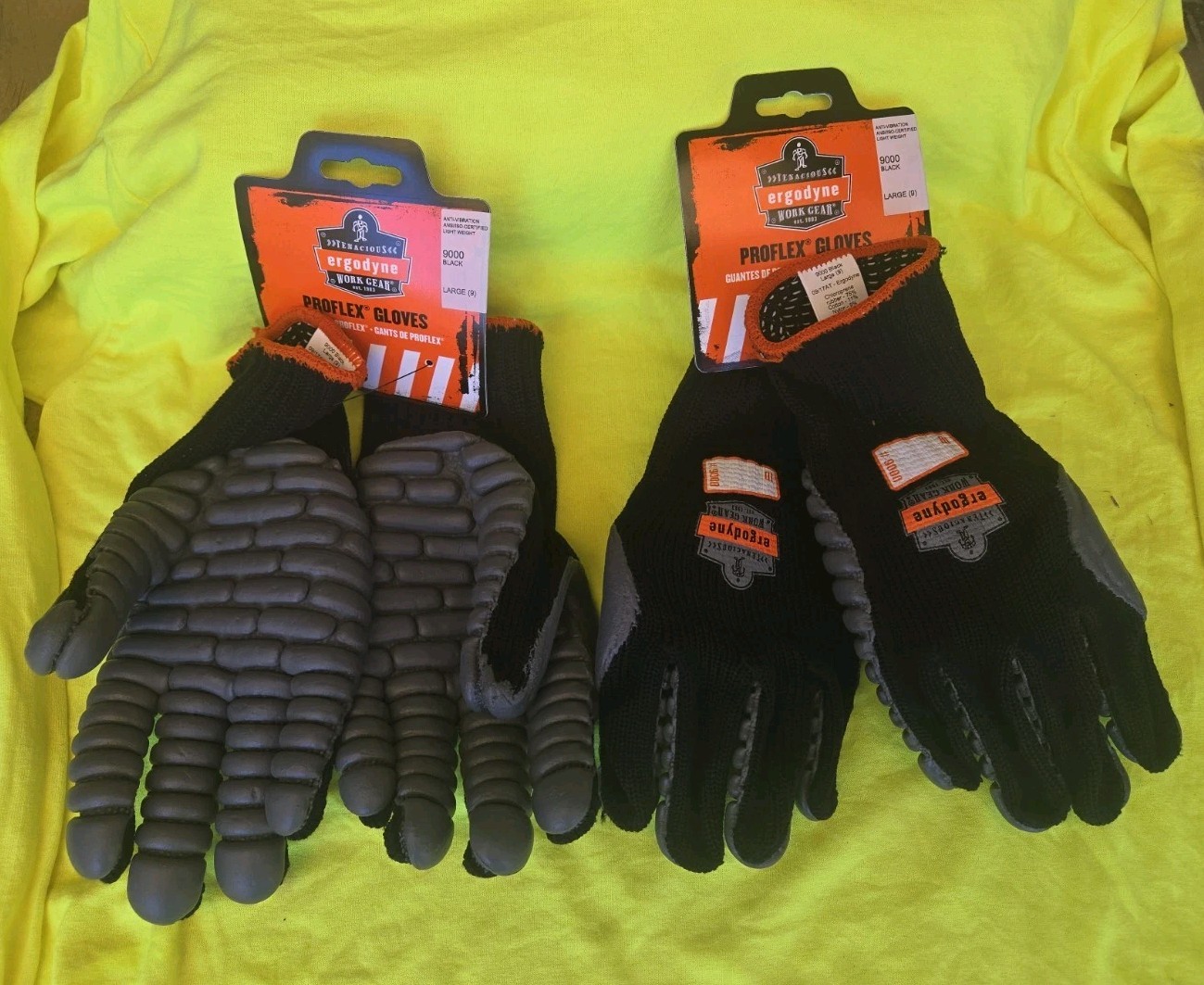 2 NEW PAIRS ERGODYNE PROFLEX ANTI-VIBRATIONS GLOVES #9000 LARGE BLACK & GRAY