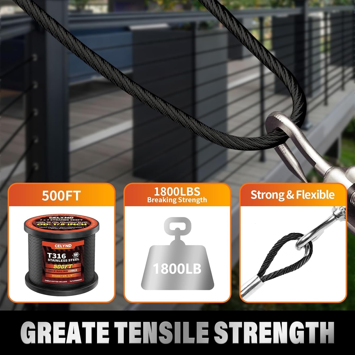 Black Stainless Steel Cable for Railing – 500FT 1/8″ T316 Wire Rope for Deck …