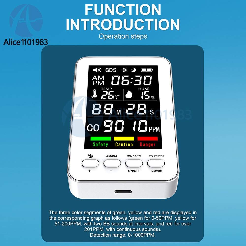 5-in-1 Portable Carbon Monoxide Alarm Temperature Humidity Air quality Tester