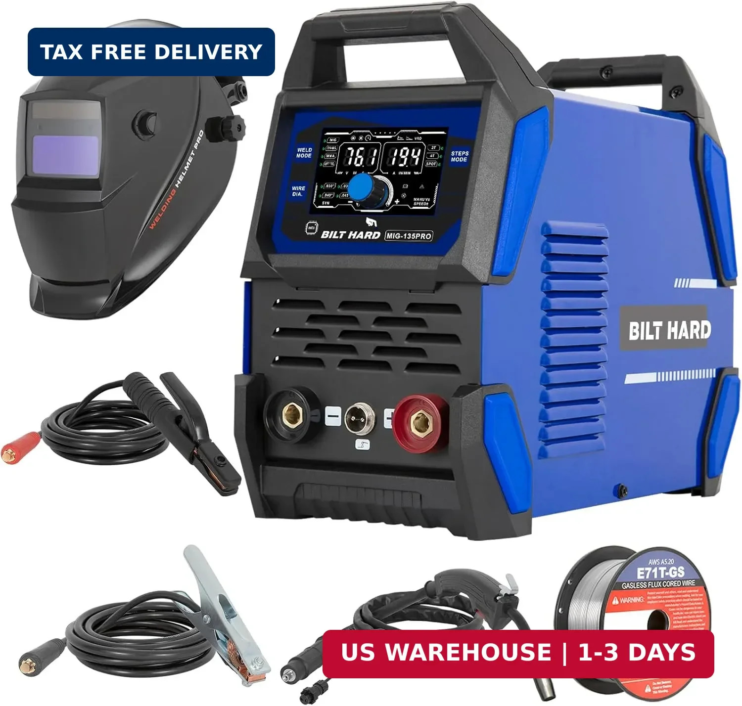 BILT HARD 135A IGBT Inverter Welder, 110V Flux Core MIG/Lift TIG/Stick 3-in-1 We