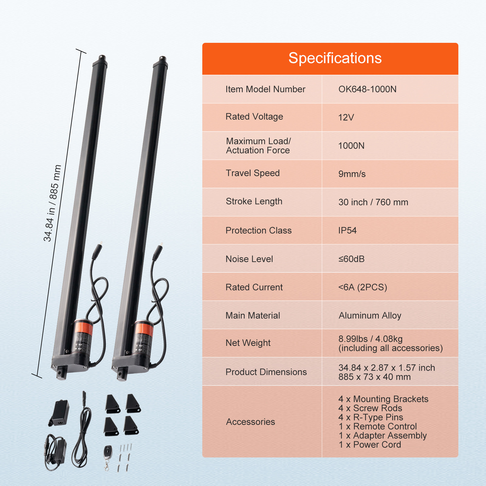 VEVOR 2PCS 12V Linear Actuator Kit 30 Inch 0.35″/s 220lbs/1000N IP54 Protection