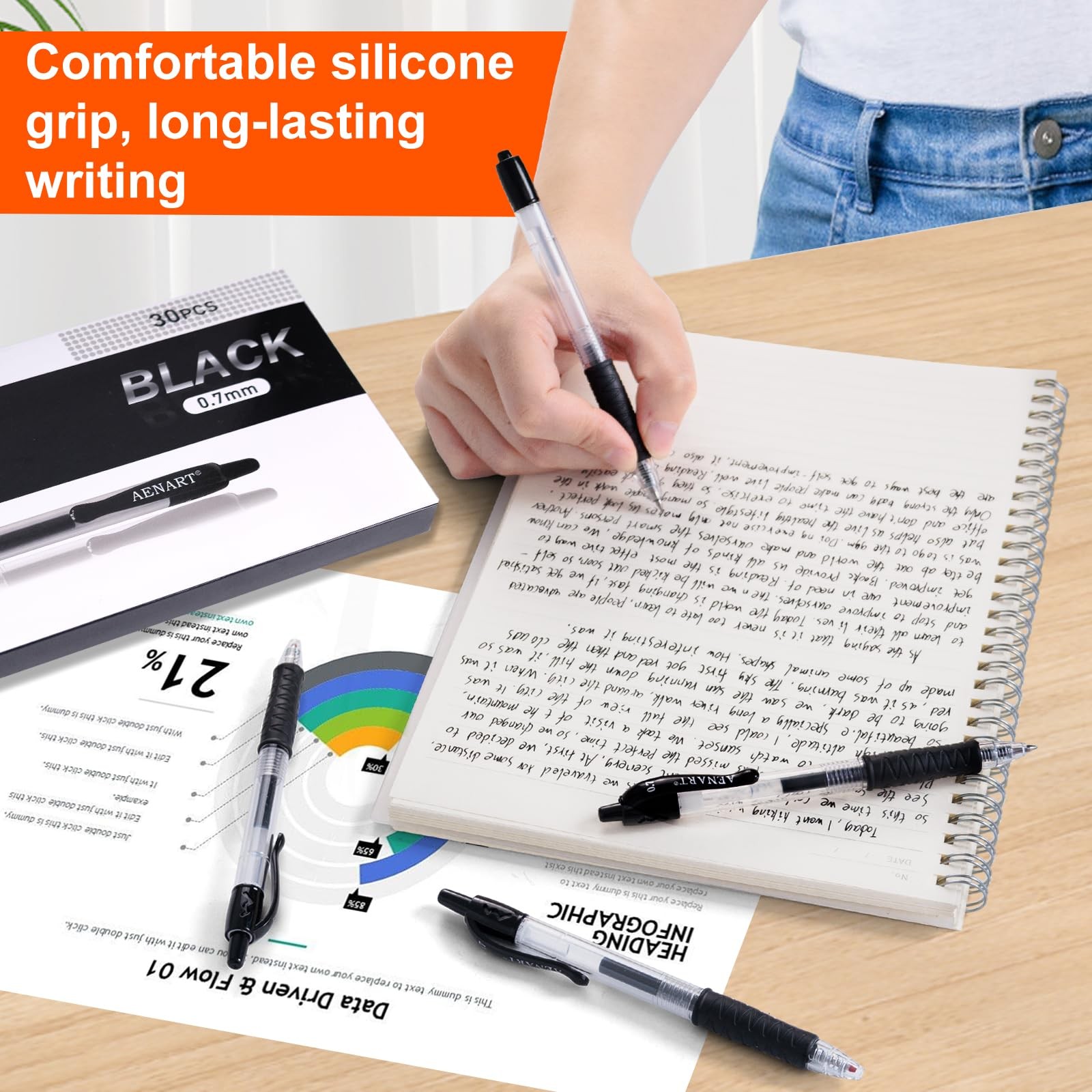 30 Pack Black Gel Pens, Fine Point 0.7Mm, Retractable Rollerball