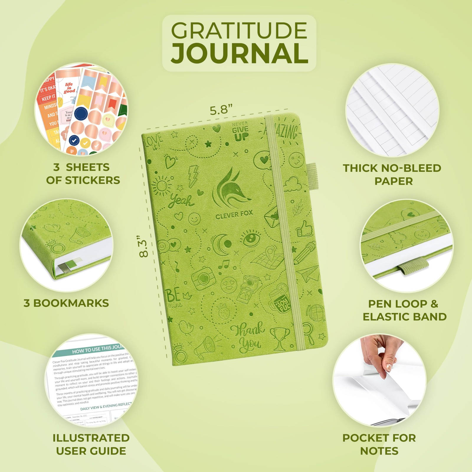 A5 Guided Gratitude Journal Spring Green Daily Reflection with Stickers 3 Months