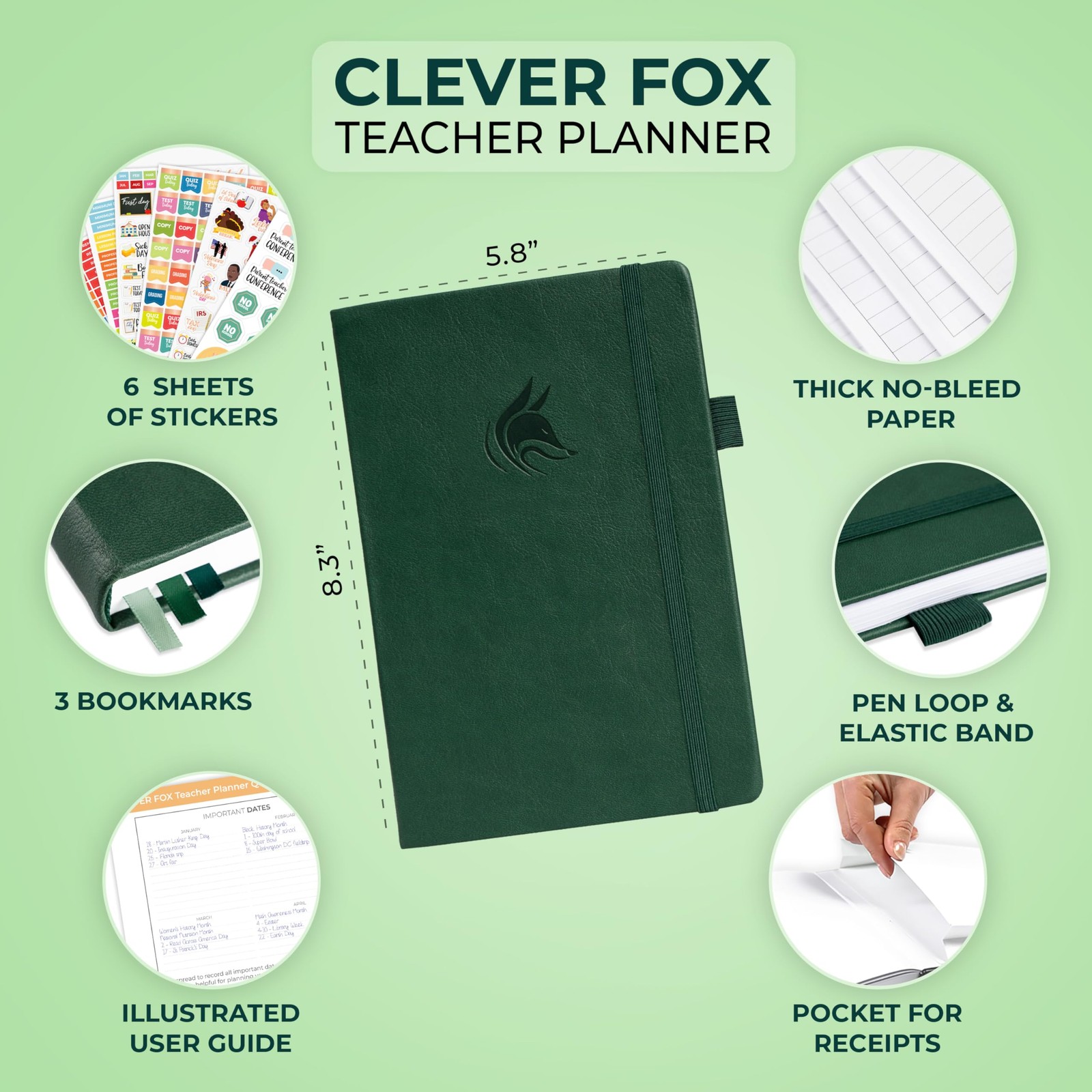 Clever Fox Teacher Planner – School Year A5 (5.8» x 8.3»), Dark Green