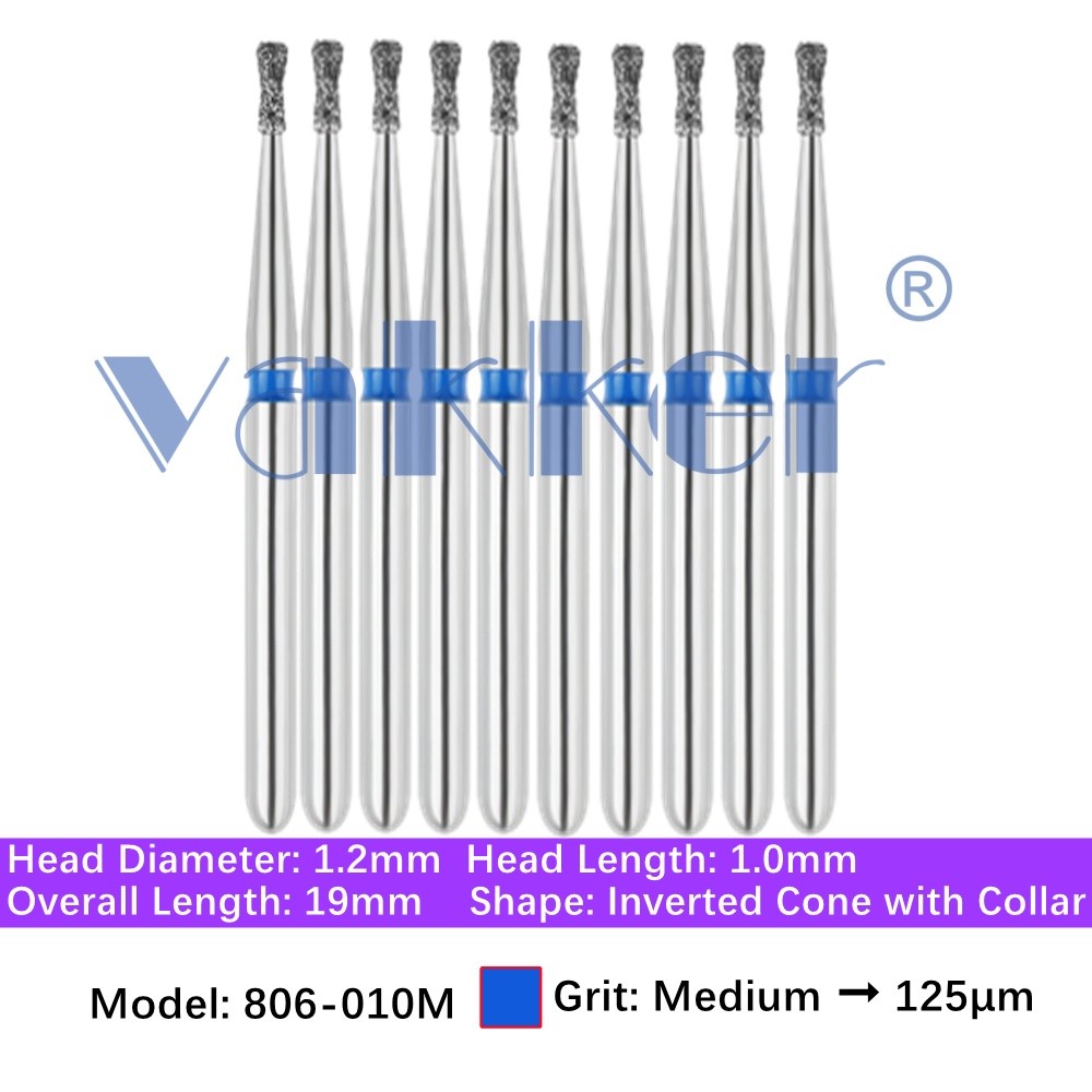 10/Pk Dental Inverted Cone Diamond Burs 806-010M Friction Grip for High Speed