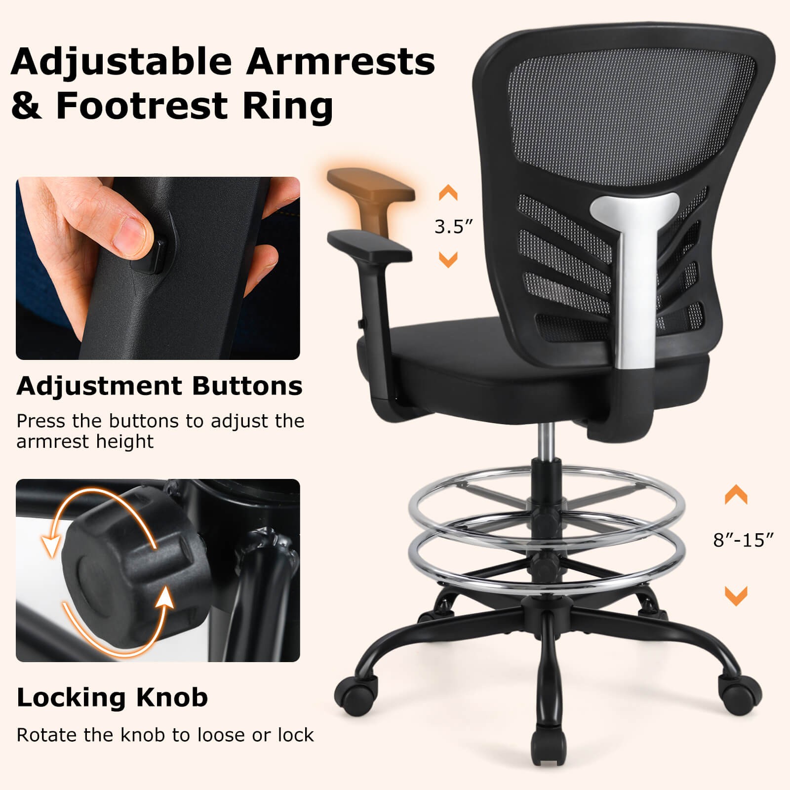 Costway Mesh Drafting Chair Office Chair w/Adjustable Armrests & Foot-Ring Black
