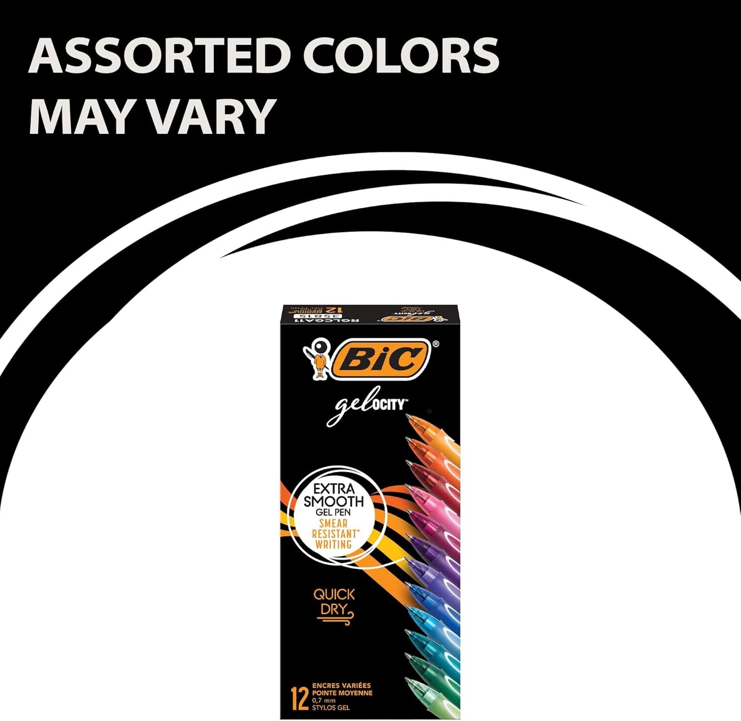 BIC Gelocity Quick Dry Assorted Colors Gel Pens, Medium Point (0.7Mm), 12-Count