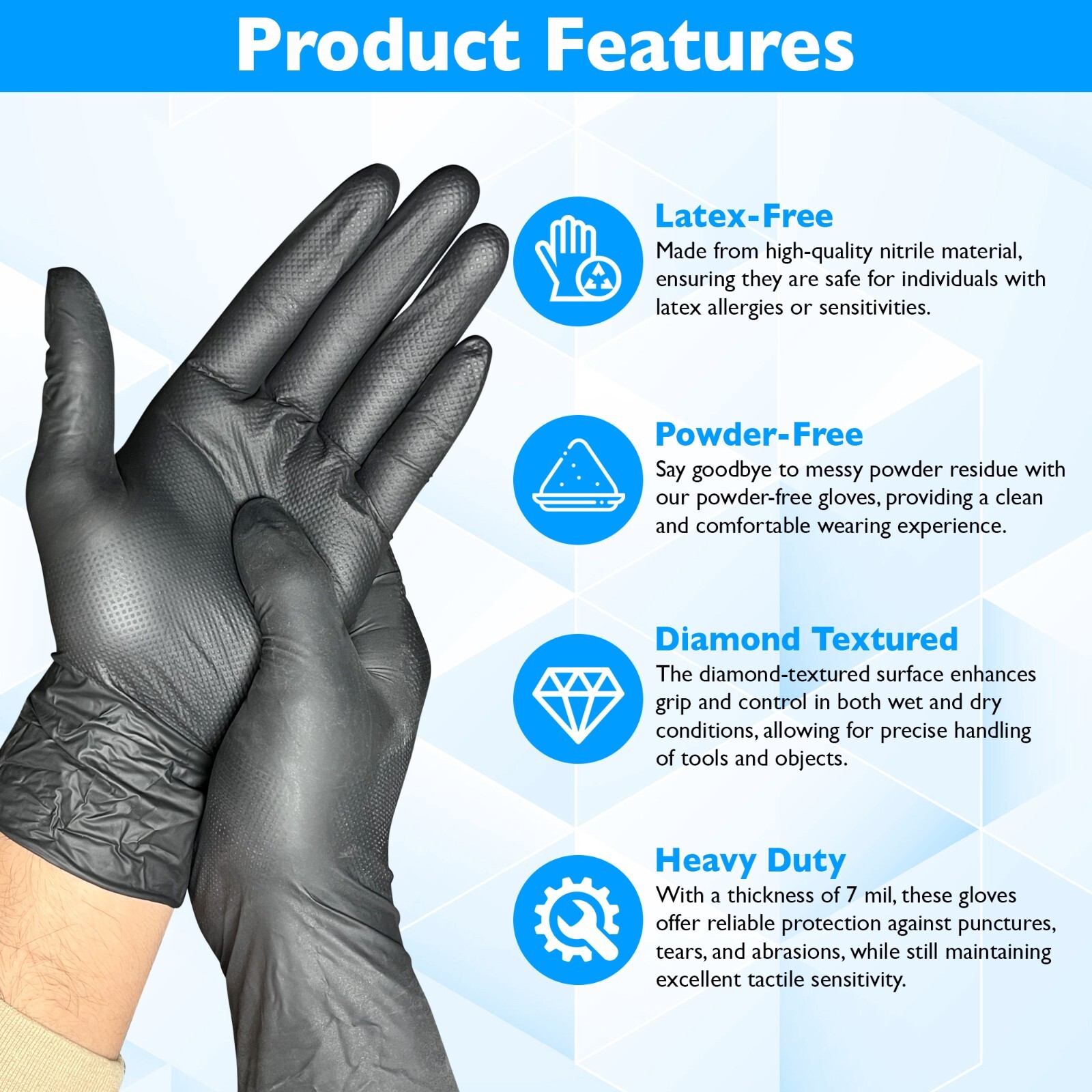 Fortify Diamond Textured Nitrile Gloves – 7mil Heavy Duty, foodsafe (XL) Black
