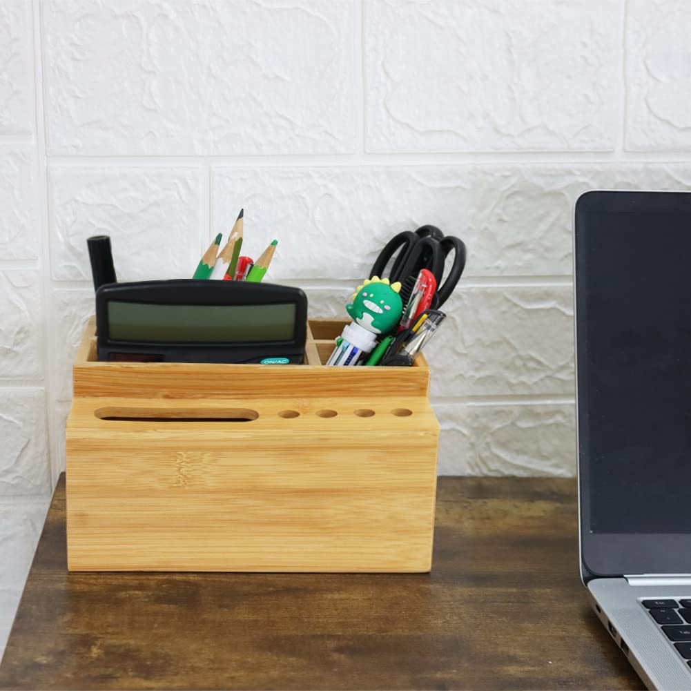 Bamboo Pen Holder Desk Organizer Pencil Holder Storage with 4 Compartments & …