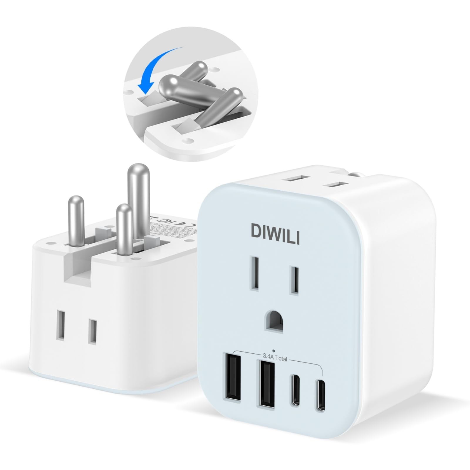 US to India Travel Plug Adapter, Foldable India Power Adapter with 4 USB(2 US