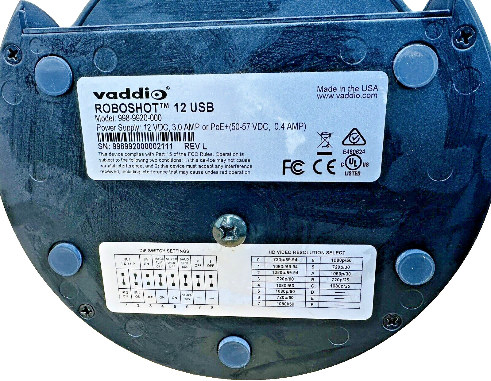 Vaddio 998-9920-000 RoboSHOT 12 USB with mount, no remote, from working unit