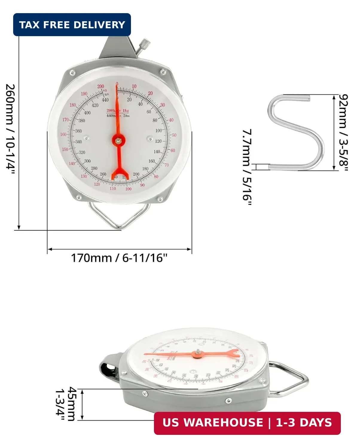 Precision Hanging Scale 440lbs 200kg Capacity Dual Unit Heavy Duty Hook Max Uses