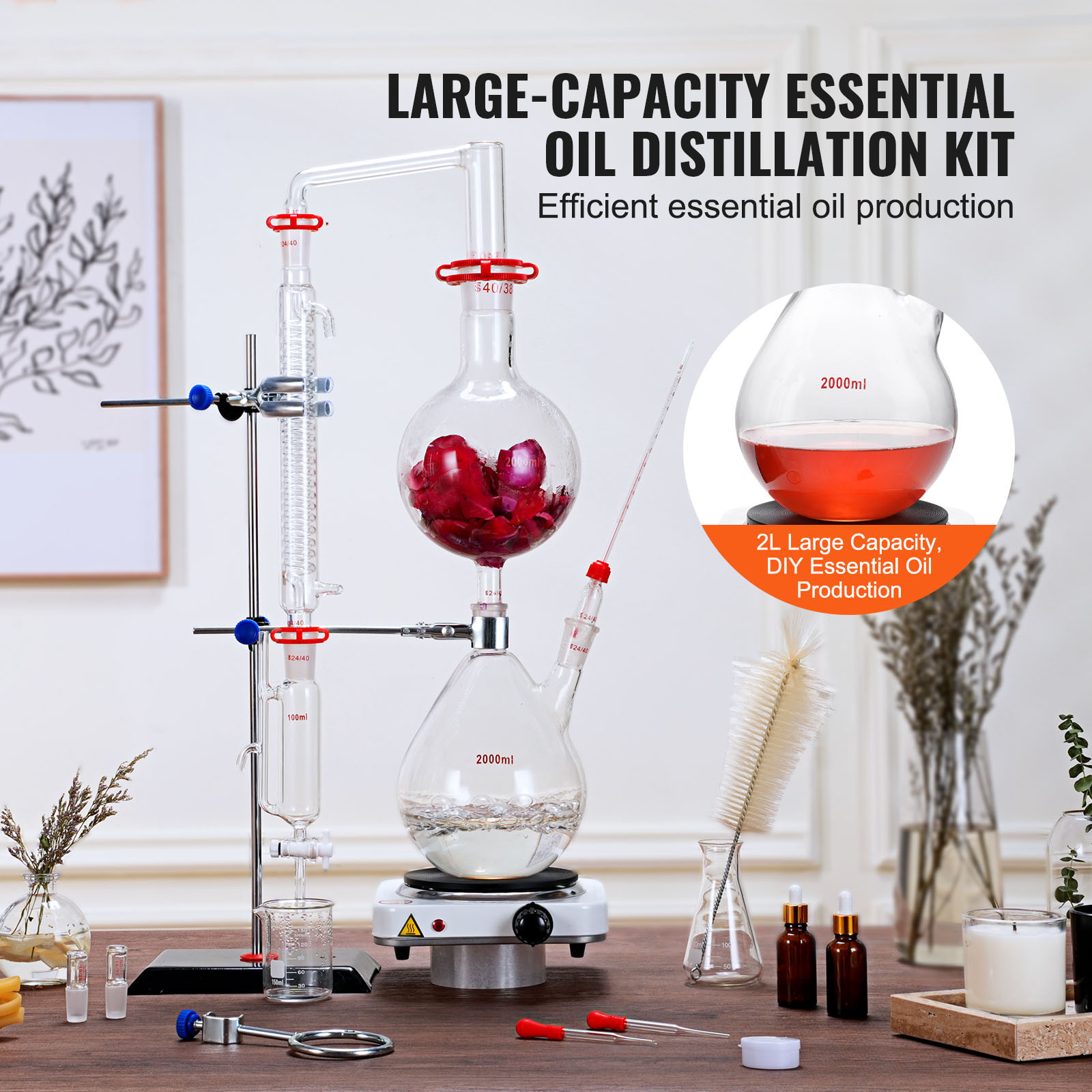 VEVOR Essential Oil Distillation Kit 2000ml Distillation Apparatus 28 pcs Set