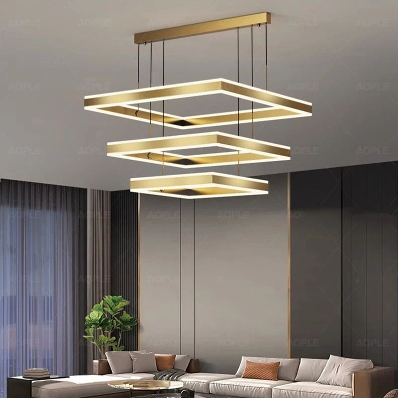 Modern Gold 3-Ring Square LED Chandelier Dimmable Ceiling Light w/ Remote