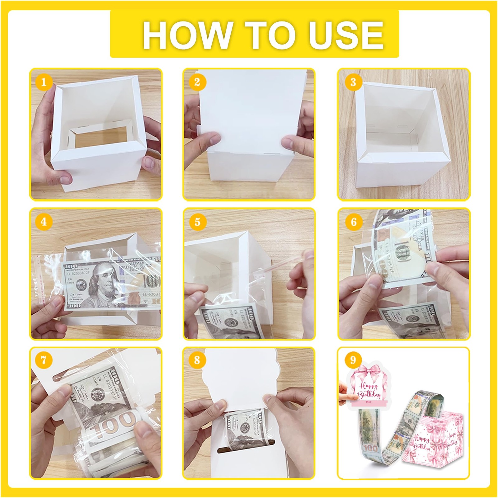 1 Set Pink Bow Birthday Money Box For Cash Pull Out Card 50PCS Bags Gift