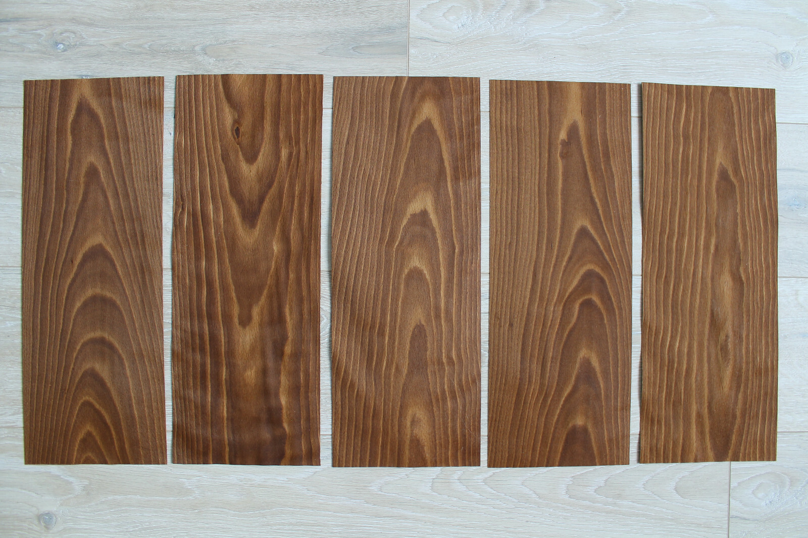 Beech Fumé wood veneer, 5 sheets, ~ 18.1 x 6.88″ (46 x 17.5cm), 0.55mm (~1/45″)