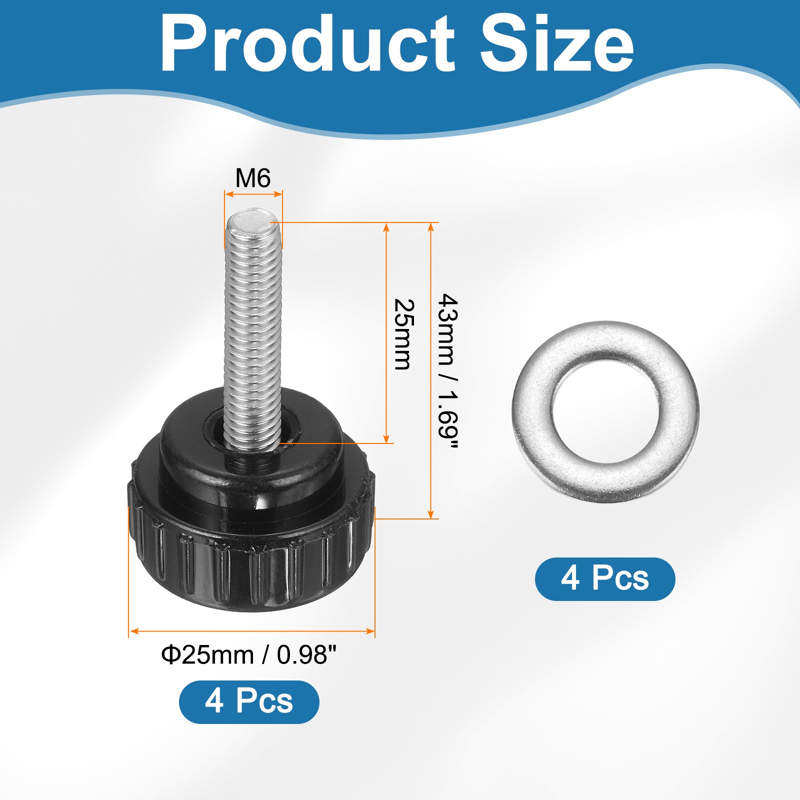 4Pcs Knurled Clamping Knobs, M6 x 25mm 25mm Width Handle Bolts Grip with Washers