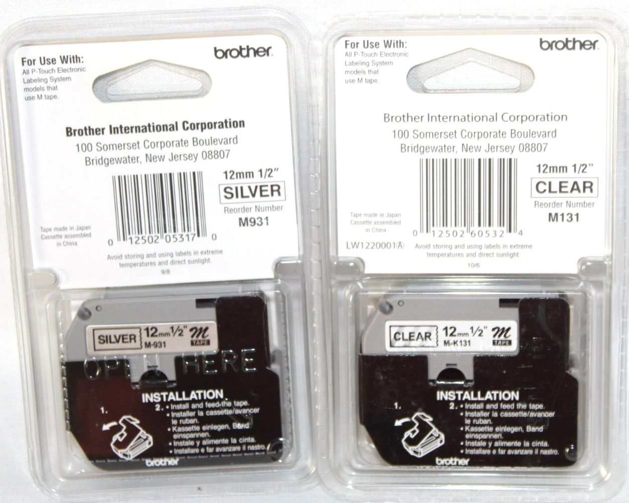 2 NEW Brother 1/2″ P-Touch Tape M-131 Black on Clear M-931 Black on Silver #14