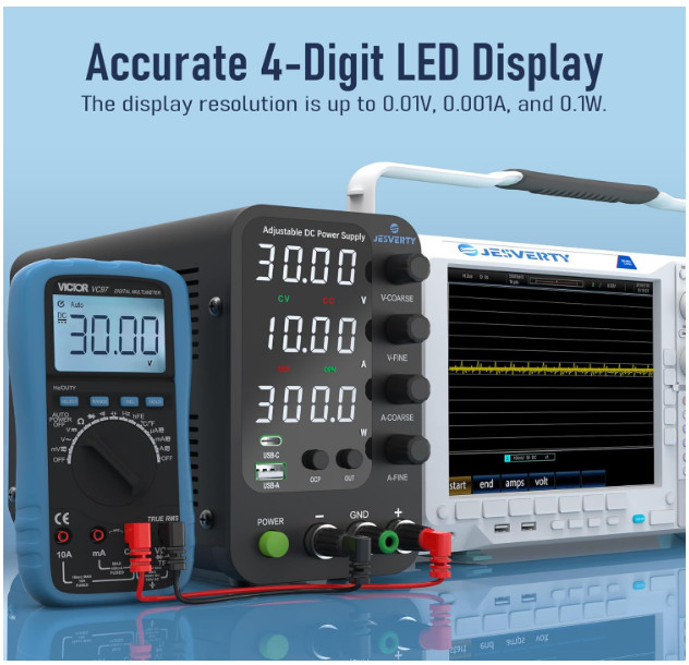 Fuente de alimentación DC 0-32V 10A con ajuste fino, USB y pantalla LED de 4 díg