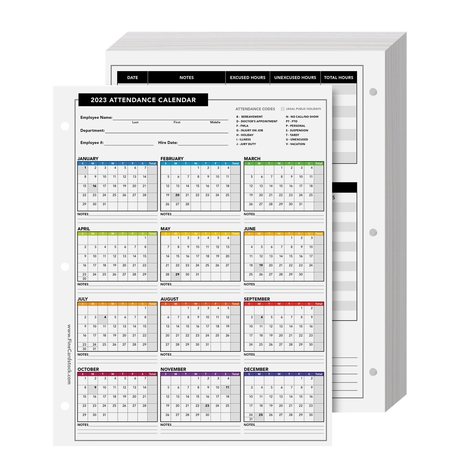 2023 Attendance Calendar Cardstock, Employee Work Tracker, 8.5 x 11, 25 Qty