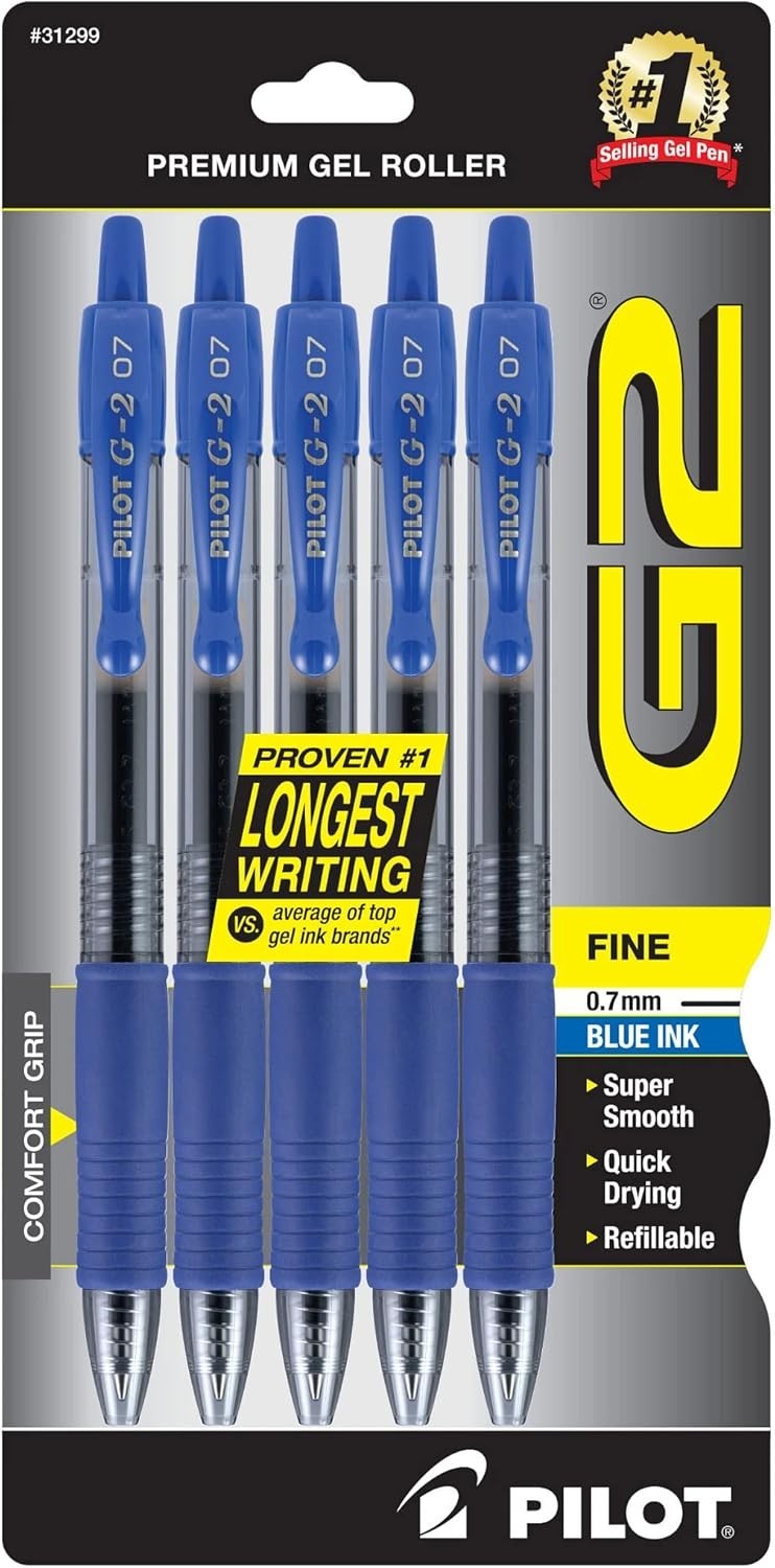 Pack of 5 G2 Gel Roller Pens – Refillable 0.7mm Fine Blue Ink for Everyday Use