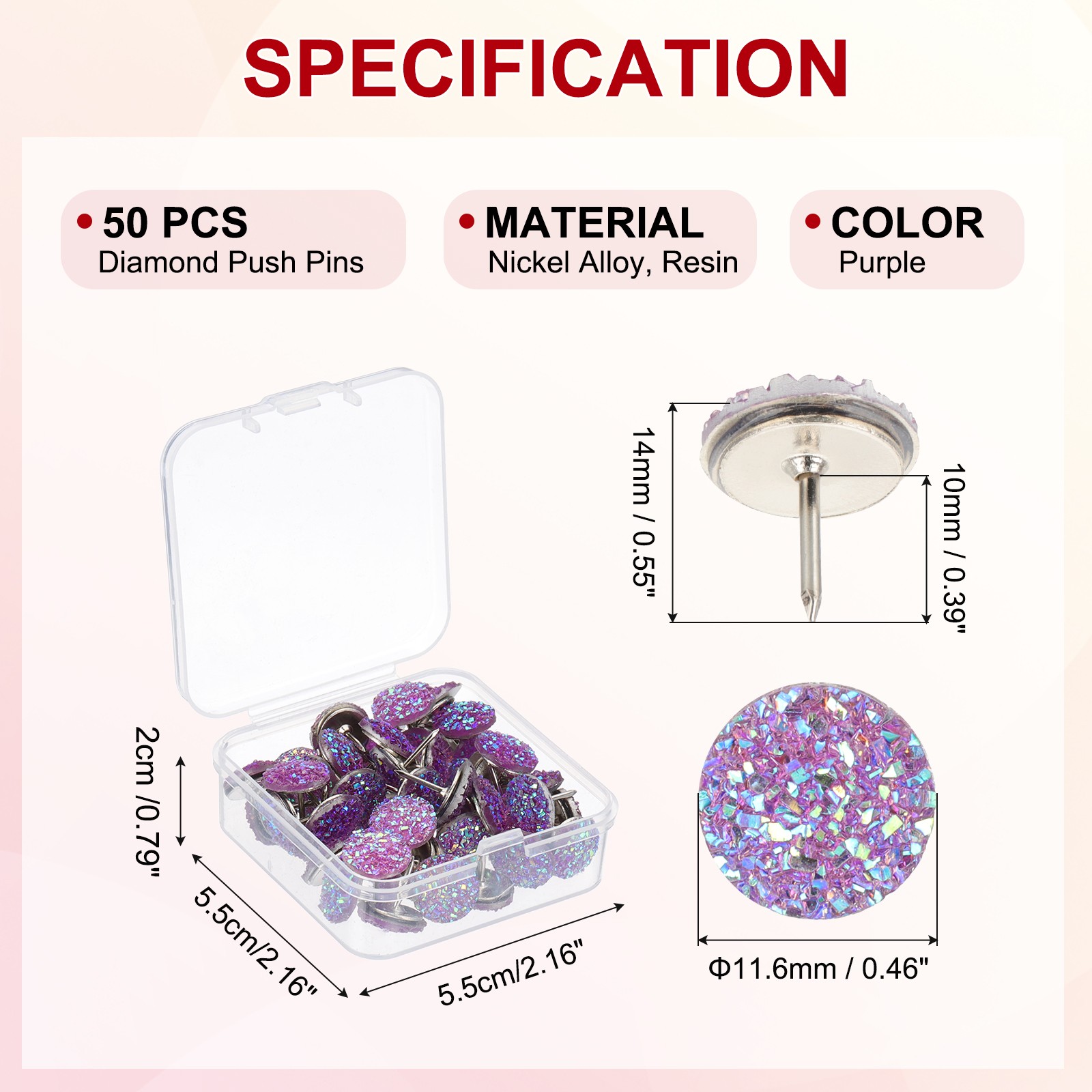50Pcs Diamond Push Pins, Glitter Rhinestone Decorative Thumb Tacks, Purple