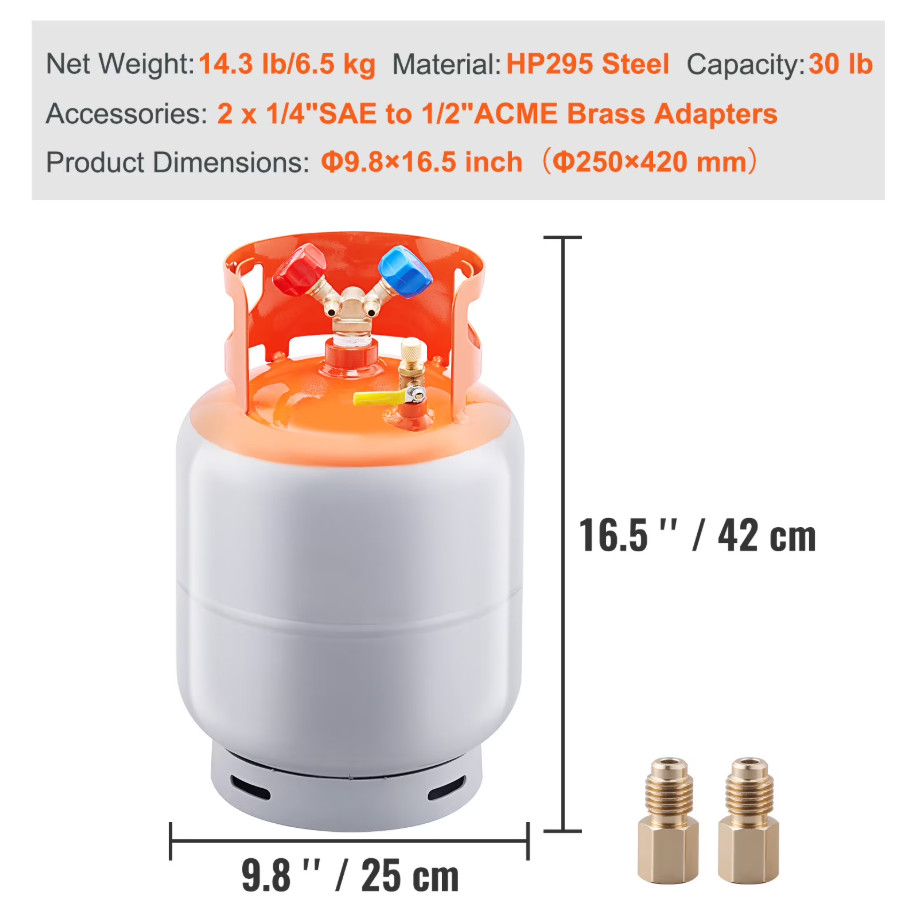 Refrigerant Recovery Tank 30lb, 400 PSI Y Valve for R134A R410A R22