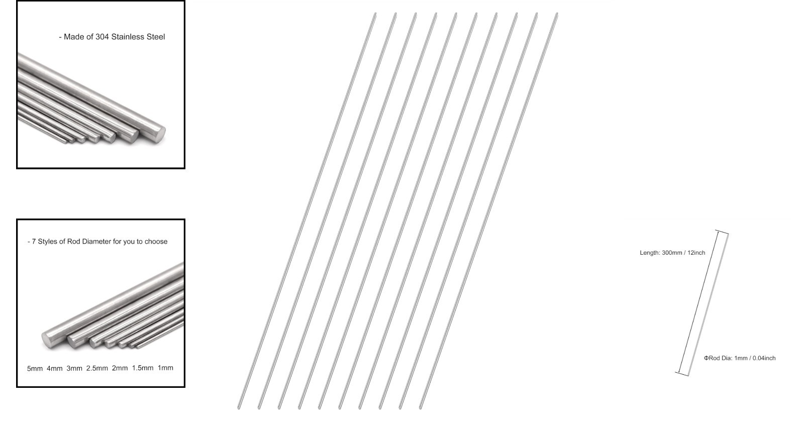 304 Stainless Steel Round Rods 1mm x 300mm – Durable Model Making Essentials