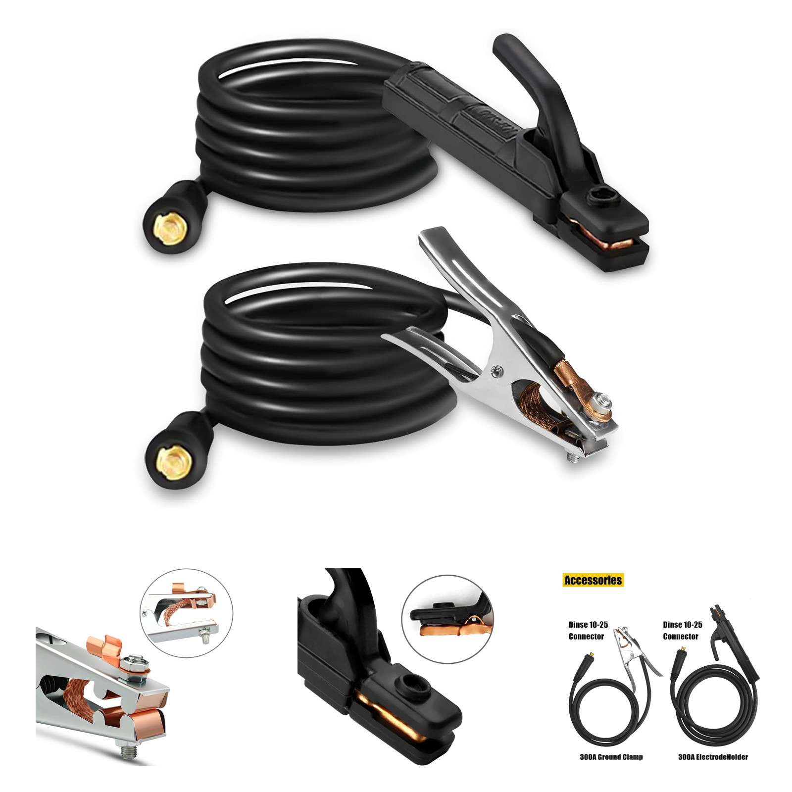 Electrode Holder Set with Cable and Ground Clamp for Stick Welding, 300A Copper