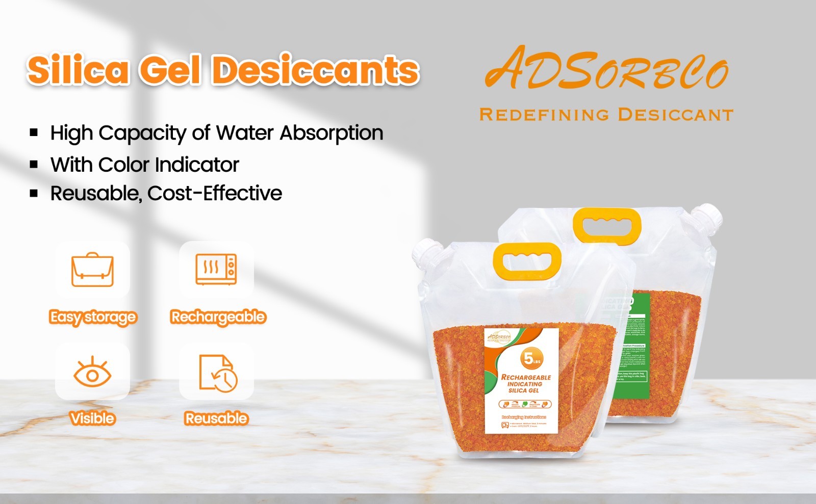 5 LBS Adsorbco Desiccant Beads, Indicating Silica Gel Beads (orange to green)